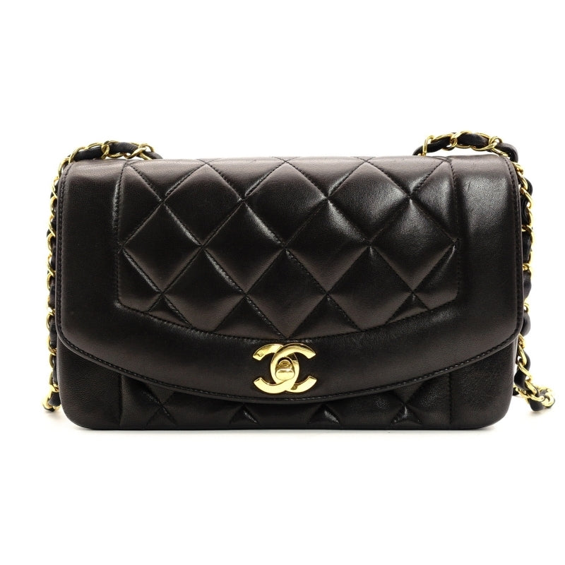 CHANEL Matelasse Diana Lambskin Single Flap Black Chain Shoulder Bag Series 2 Black 7-6-217