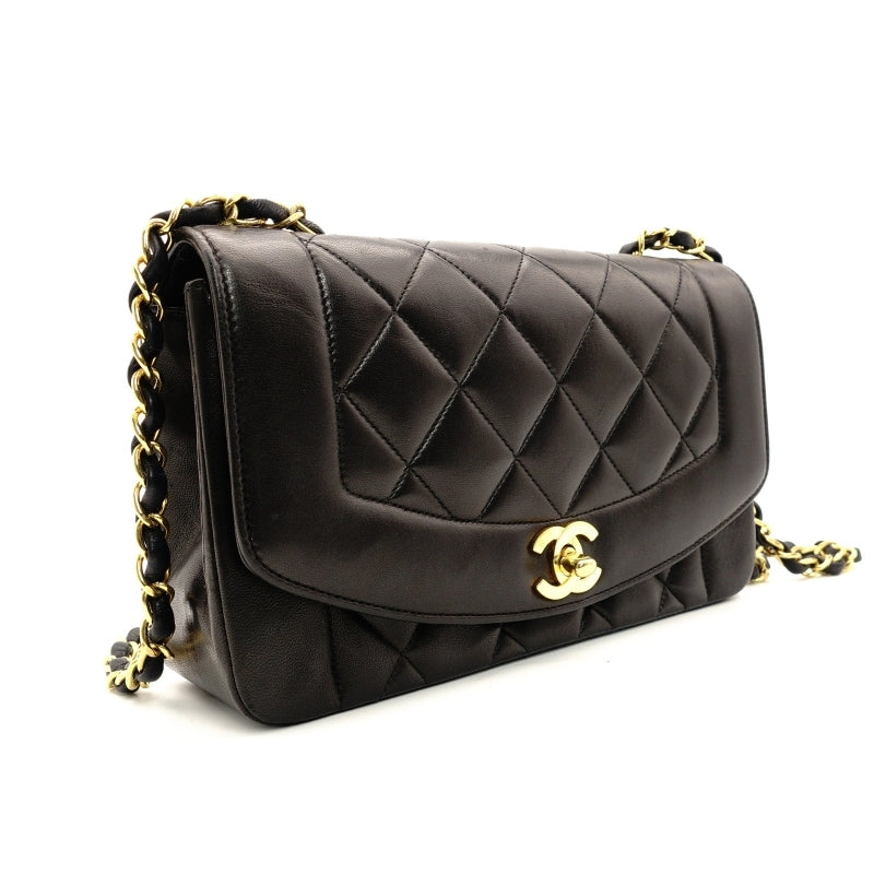 CHANEL Matelasse Diana Lambskin Single Flap Black Chain Shoulder Bag Series 2 Black 7-6-217