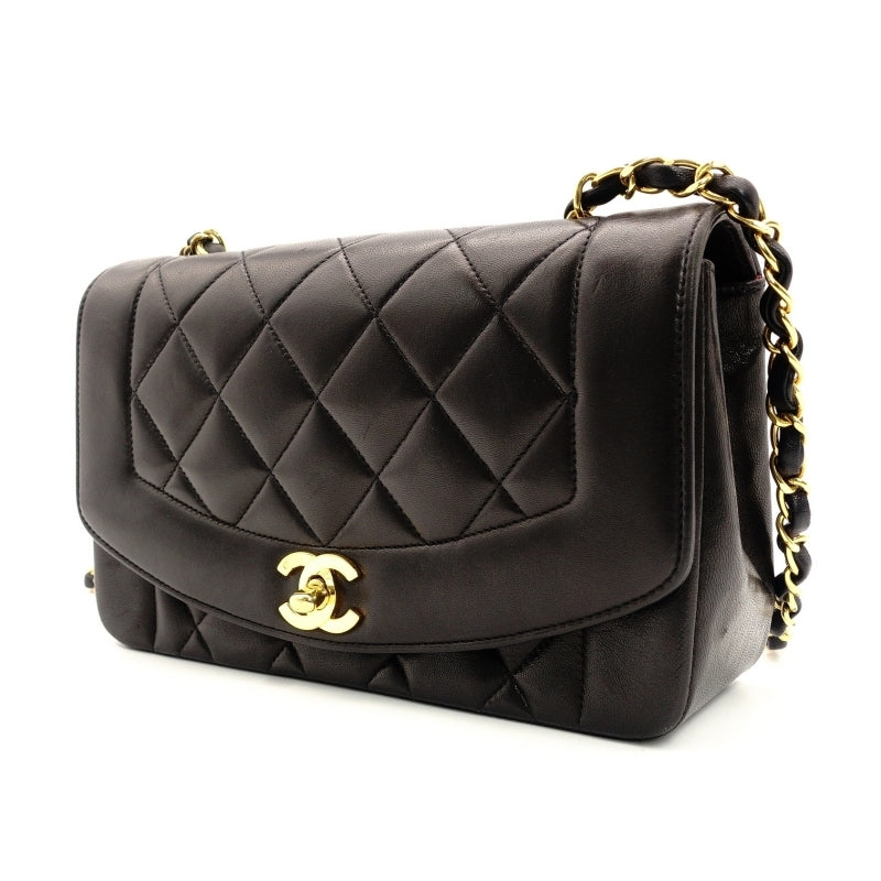CHANEL Matelasse Diana Lambskin Single Flap Black Chain Shoulder Bag Series 2 Black 7-6-217