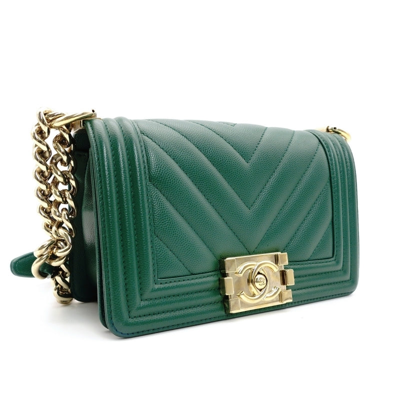 CHANEL Boy Chanel Small Caviar Leather Green Gold Hardware Leather Chain Shoulder Bag 7-5-659