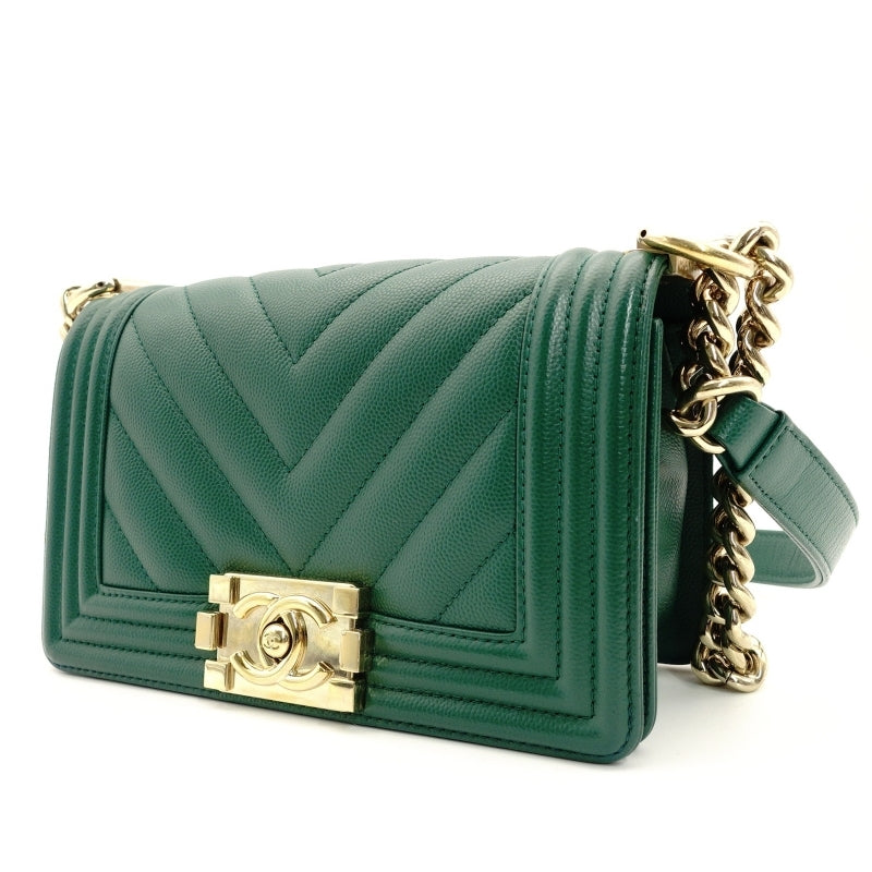CHANEL Boy Chanel Small Caviar Leather Green Gold Hardware Leather Chain Shoulder Bag 7-5-659