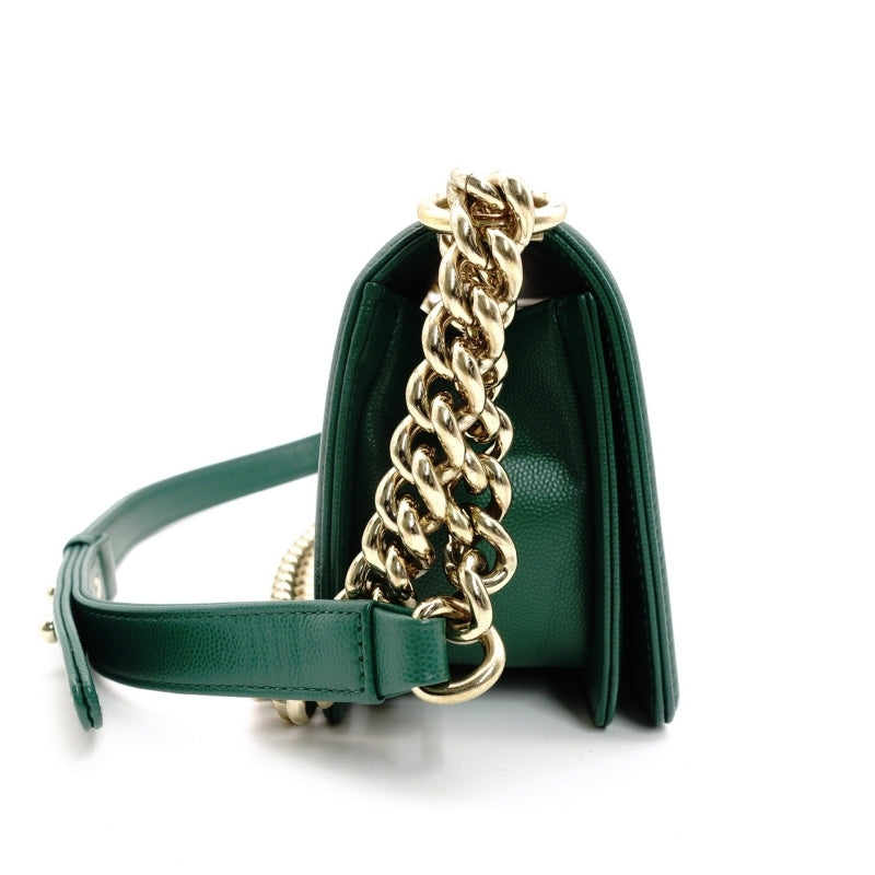 CHANEL Boy Chanel Small Caviar Leather Green Gold Hardware Leather Chain Shoulder Bag 7-5-659