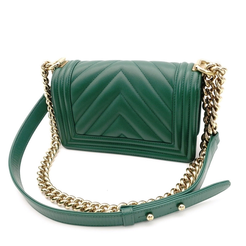 CHANEL Boy Chanel Small Caviar Leather Green Gold Hardware Leather Chain Shoulder Bag 7-5-659