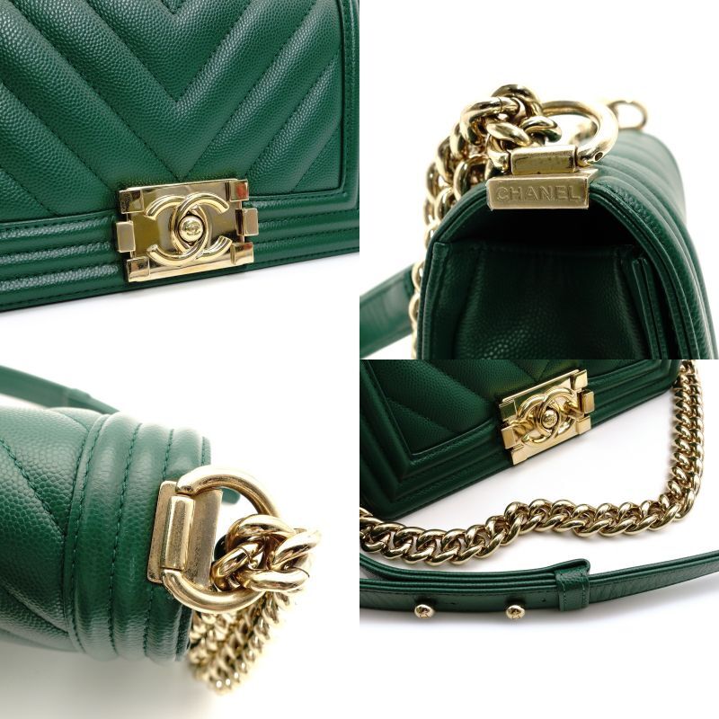 CHANEL Boy Chanel Small Caviar Leather Green Gold Hardware Leather Chain Shoulder Bag 7-5-659