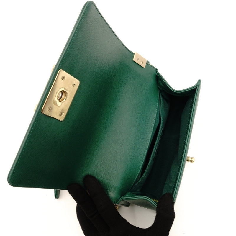 CHANEL Boy Chanel Small Caviar Leather Green Gold Hardware Leather Chain Shoulder Bag 7-5-659