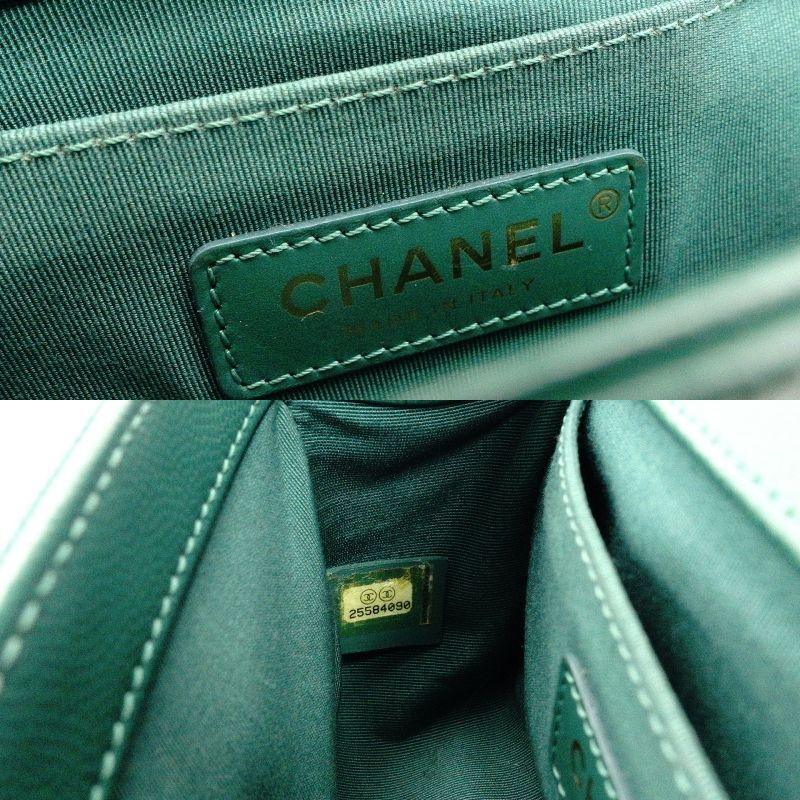 CHANEL Boy Chanel Small Caviar Leather Green Gold Hardware Leather Chain Shoulder Bag 7-5-659