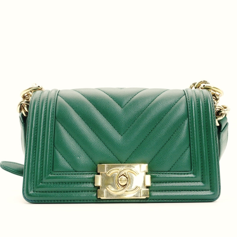 CHANEL Boy Chanel Small Caviar Leather Green Gold Hardware Leather Chain Shoulder Bag 7-5-659