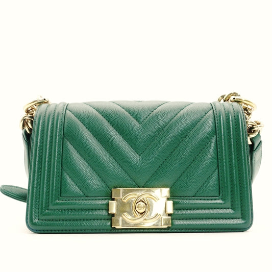 CHANEL Boy Chanel Small Caviar Leather Green Gold Hardware Leather Chain Shoulder Bag 7-5-659