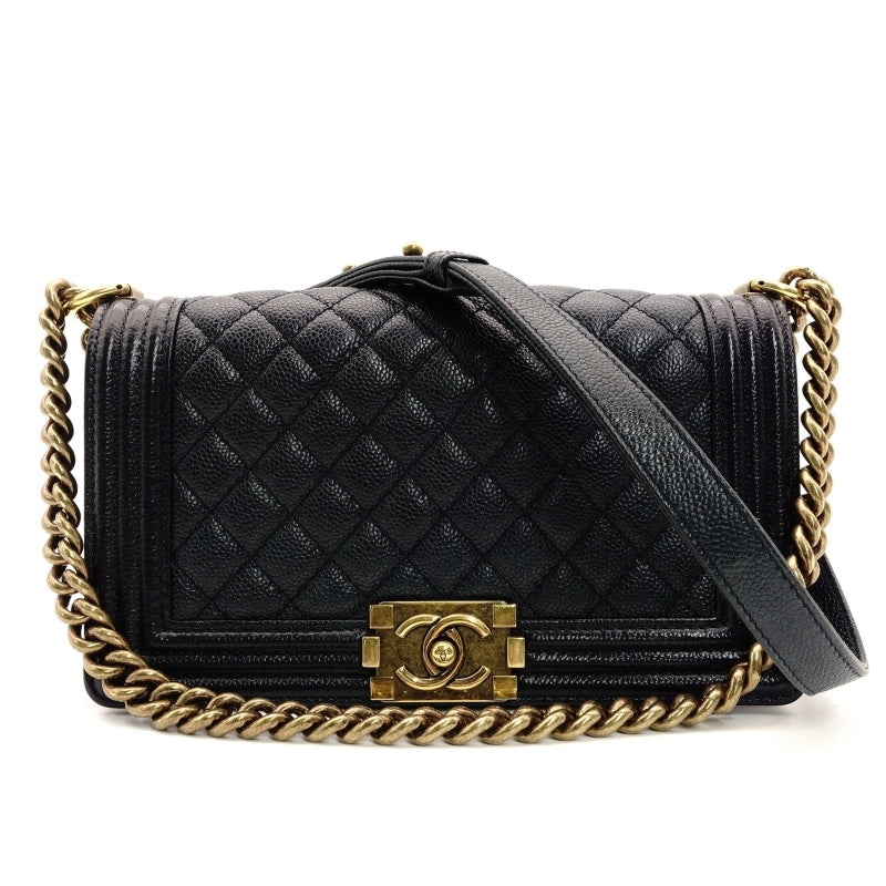 CHANEL Boy Chanel Caviar Leather Shoulder Bag in Navy with Gold Hardware and Chain Strap 7-5-324