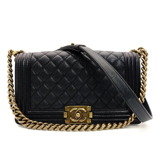 CHANEL Boy Chanel Caviar Leather Shoulder Bag in Navy with Gold Hardware and Chain Strap 7-5-324