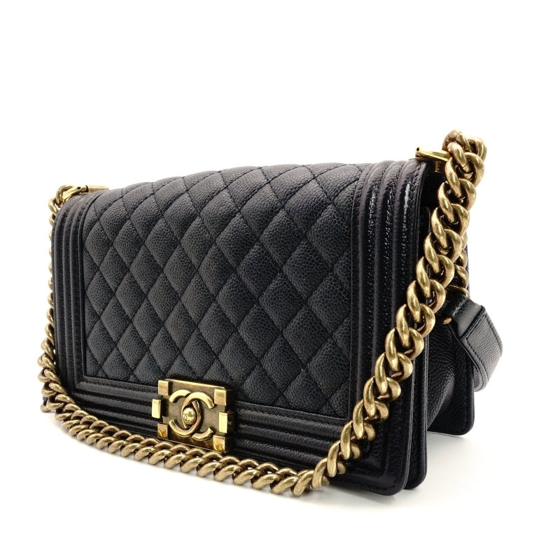 CHANEL Boy Chanel Caviar Leather Shoulder Bag in Navy with Gold Hardware and Chain Strap 7-5-324