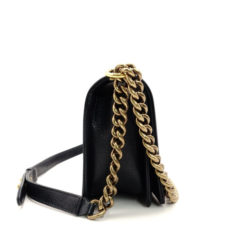CHANEL Boy Chanel Caviar Leather Shoulder Bag in Navy with Gold Hardware and Chain Strap 7-5-324