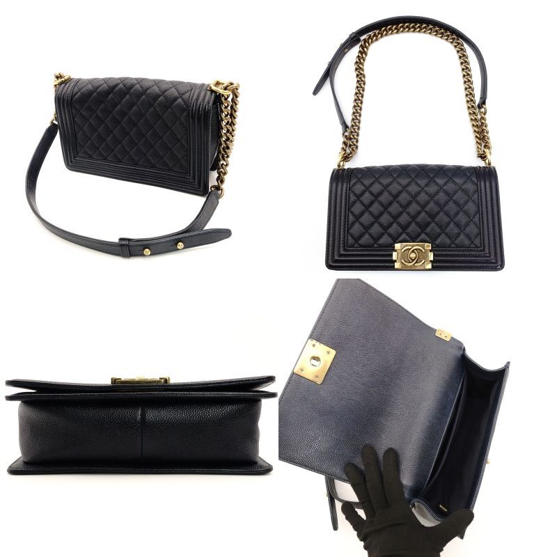 CHANEL Boy Chanel Caviar Leather Shoulder Bag in Navy with Gold Hardware and Chain Strap 7-5-324