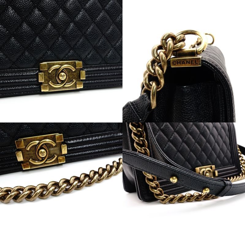 CHANEL Boy Chanel Caviar Leather Shoulder Bag in Navy with Gold Hardware and Chain Strap 7-5-324