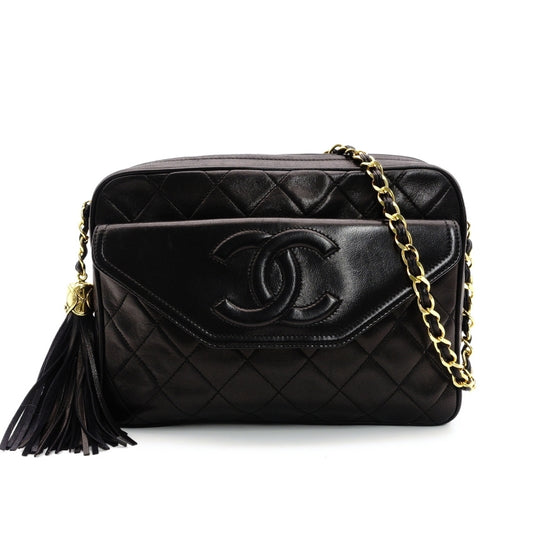 CHANEL Matelasse Lambskin Fringe Shoulder Bag Black Leather Black Decacoco Logo 7-6-141