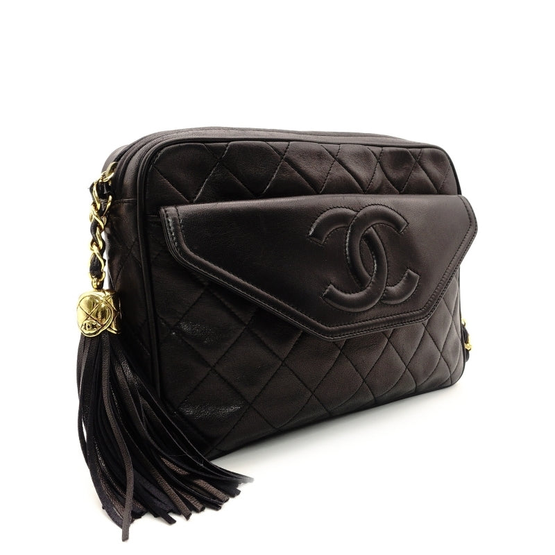 CHANEL Matelasse Lambskin Fringe Shoulder Bag Black Leather Black Decacoco Logo 7-6-141