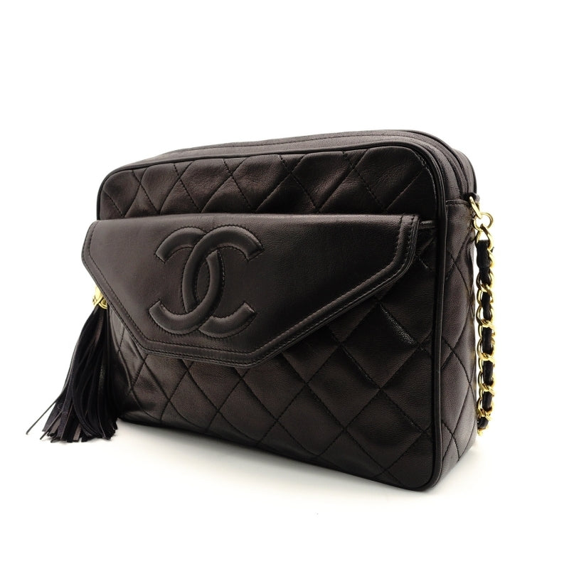 CHANEL Matelasse Lambskin Fringe Shoulder Bag Black Leather Black Decacoco Logo 7-6-141