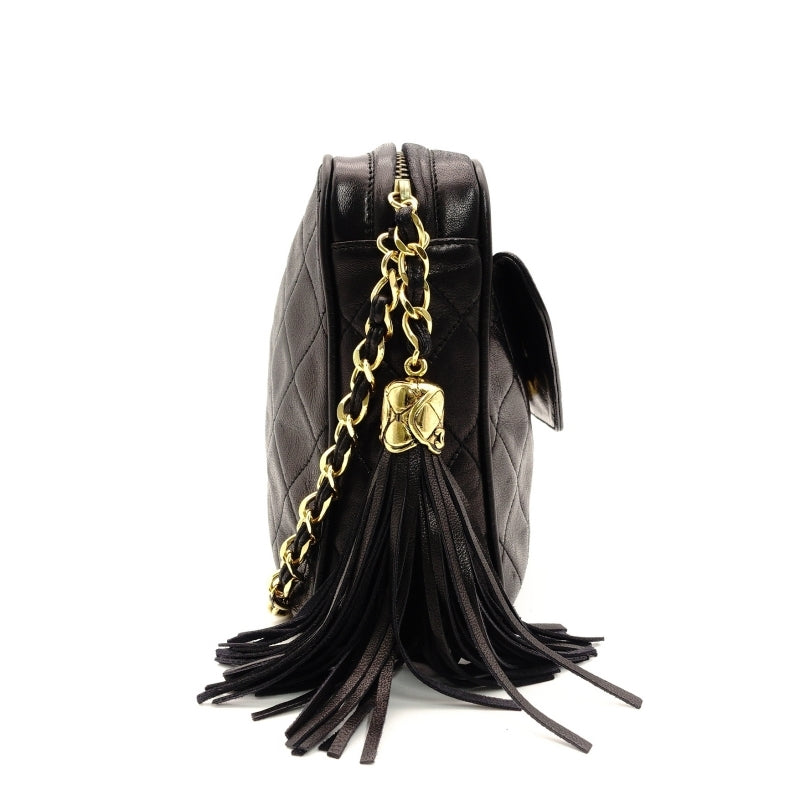 CHANEL Matelasse Lambskin Fringe Shoulder Bag Black Leather Black Decacoco Logo 7-6-141