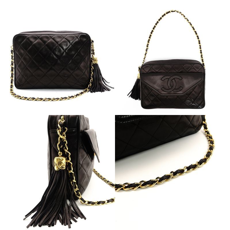 CHANEL Matelasse Lambskin Fringe Shoulder Bag Black Leather Black Decacoco Logo 7-6-141