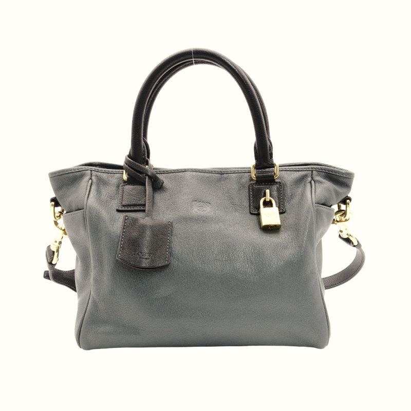 LOEWE Ame Handbag Gray Logo 2-Way Leather Shoulder Bag