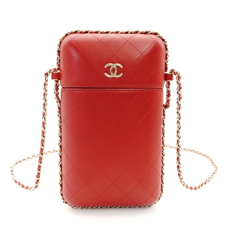 CHANEL Phone Holder Matresse Shoulder Bag Red Leather CC Logo Crossbody