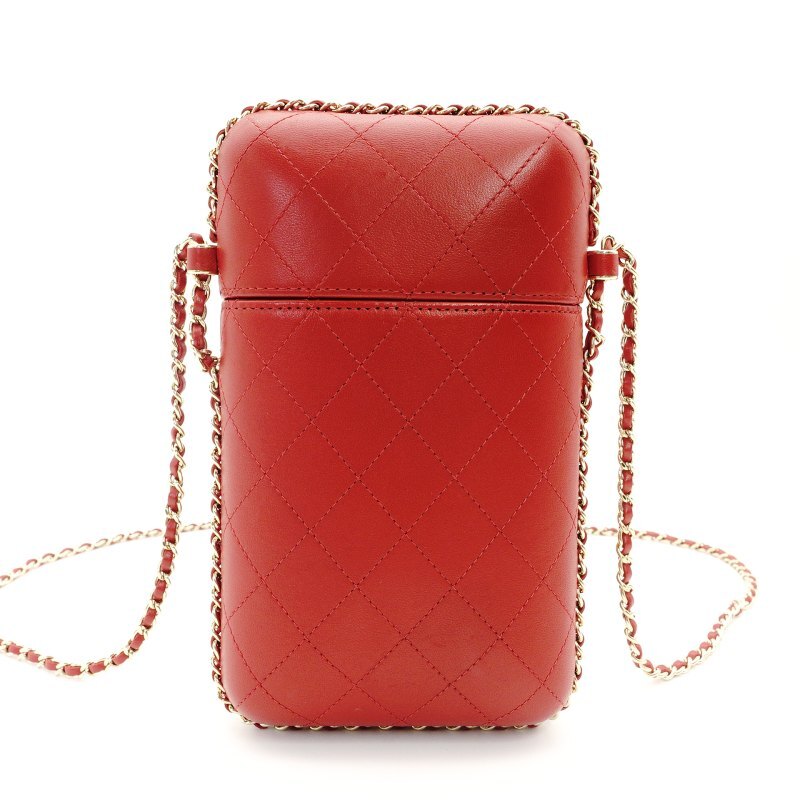 CHANEL Phone Holder Matresse Shoulder Bag Red Leather CC Logo Crossbody