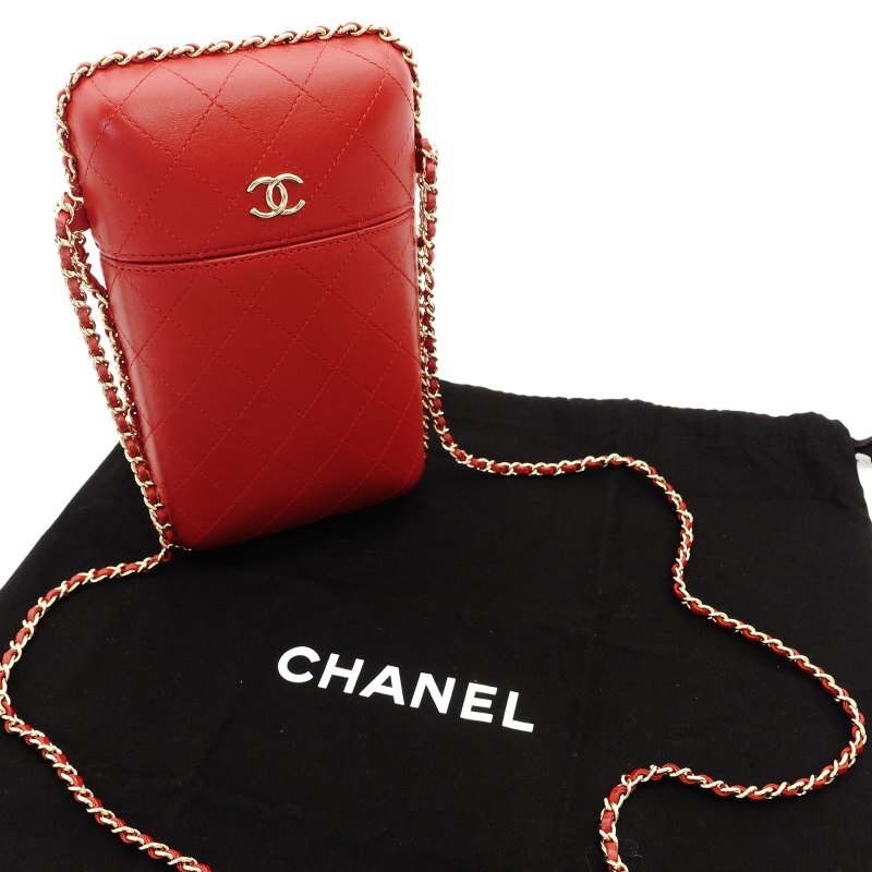 CHANEL Phone Holder Matresse Shoulder Bag Red Leather CC Logo Crossbody
