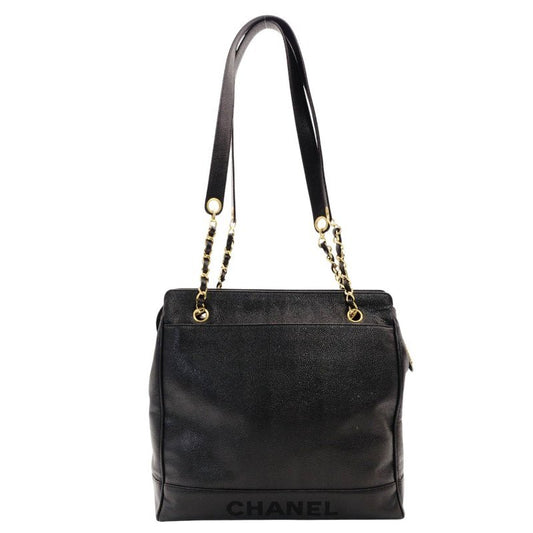 CHANEL Caviar Skin Chain Tote Bag Black 4 Series Shoulder 7-8-393