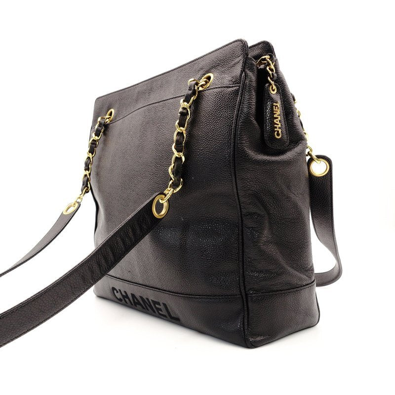 CHANEL Caviar Skin Chain Tote Bag Black 4 Series Shoulder 7-8-393
