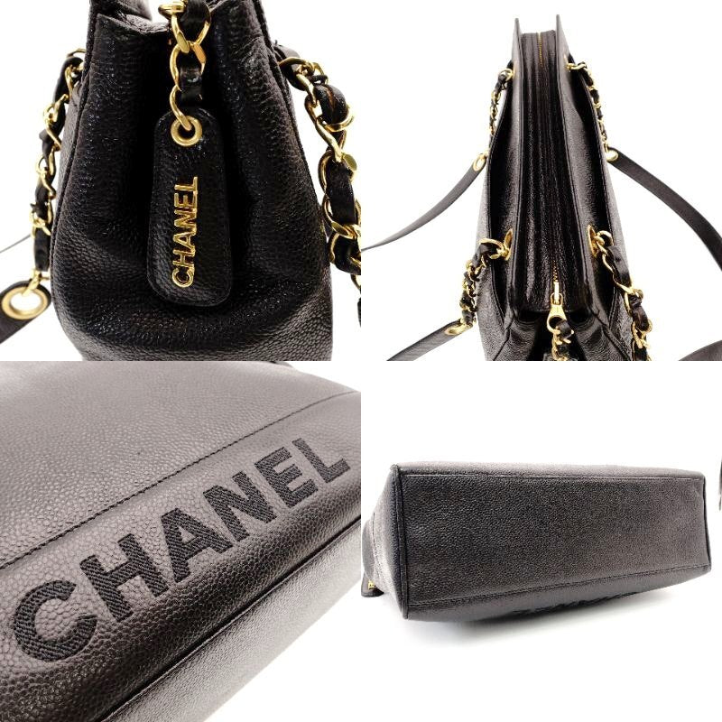 CHANEL Caviar Skin Chain Tote Bag Black 4 Series Shoulder 7-8-393