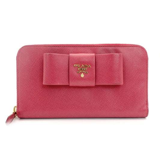 PRADA Long Wallet Saffiano 1MH132 Pink Leather Wallet with Ribbon 7-7-329