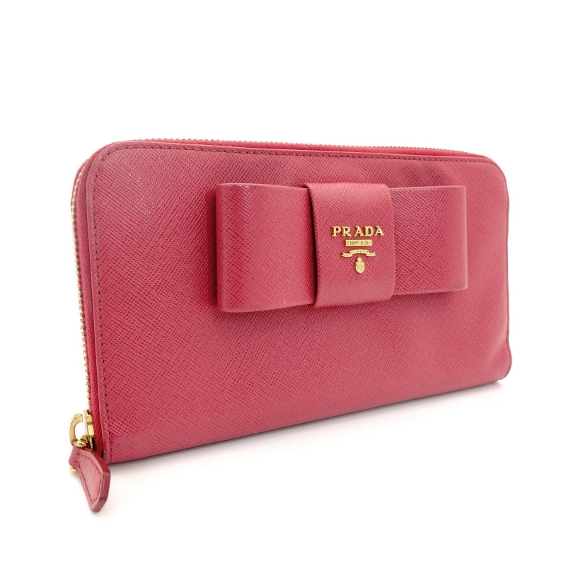 PRADA Long Wallet Saffiano 1MH132 Pink Leather Wallet with Ribbon 7-7-329