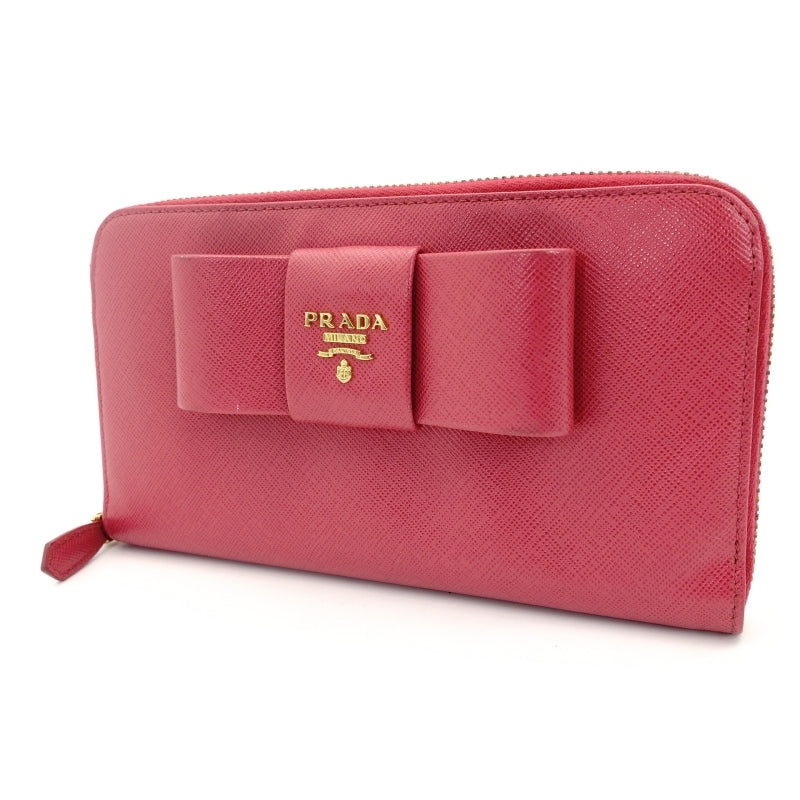 PRADA Long Wallet Saffiano 1MH132 Pink Leather Wallet with Ribbon 7-7-329