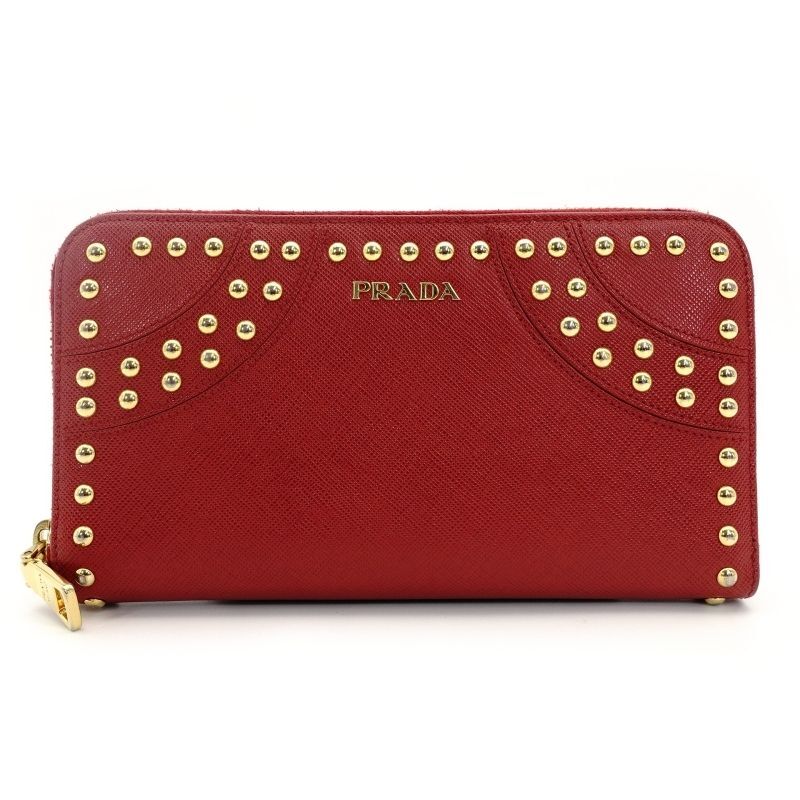 PRADA Long Wallet Saffiano Red Leather Red Studs Wallet 7-7-518