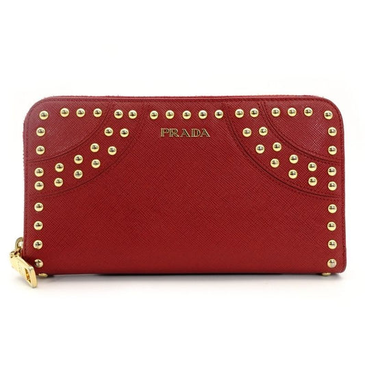 PRADA Long Wallet Saffiano Red Leather Red Studs Wallet 7-7-518
