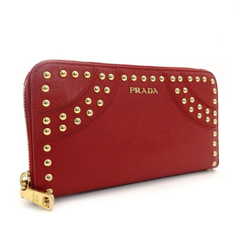 PRADA Long Wallet Saffiano Red Leather Red Studs Wallet 7-7-518
