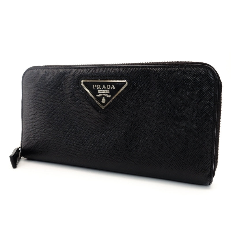 PRADA Long Wallet Saffiano Black Leather Wallet Black Triangle Logo With Box 7-8-191