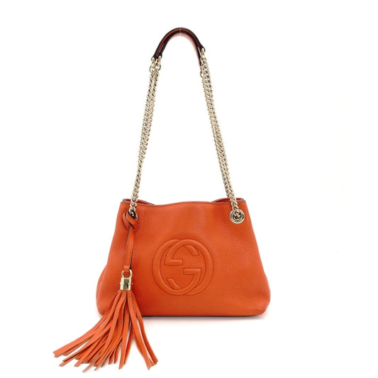 GUCCI Soho Chain Shoulder Bag Leather Orange Gold Hardware GG Logo 7-9-097