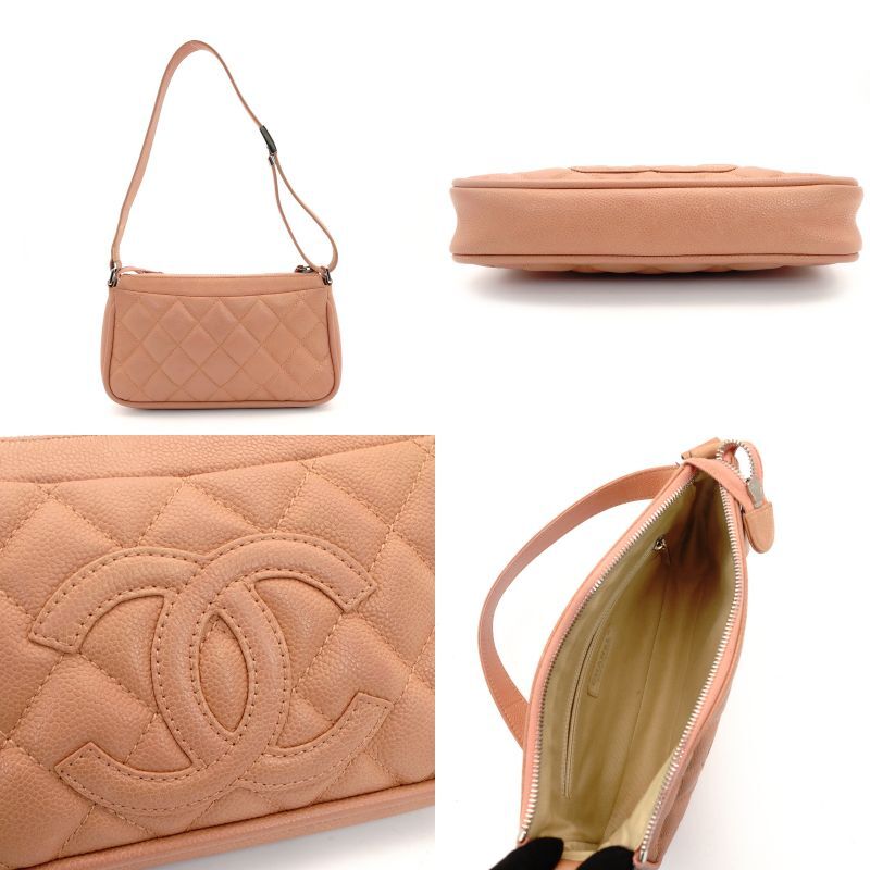 CHANEL Matelassé Shoulder Bag Coral Pink Caviar Leather CC Logo 7-9-349