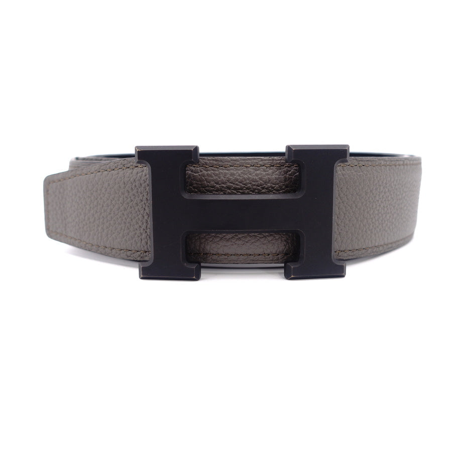 HERMES Leather Constance Reversible Matte Black Gray Size 80CM H Belt