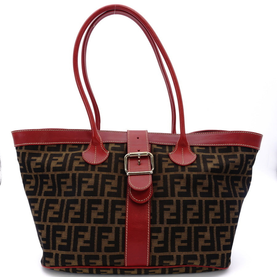 FENDI Zucca Tote Bag Canvas Leather Brown Red