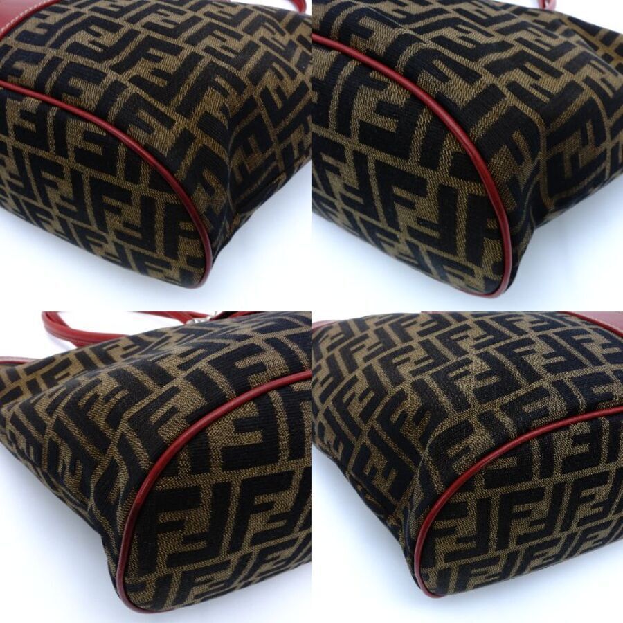 FENDI Zucca Tote Bag Canvas Leather Brown Red