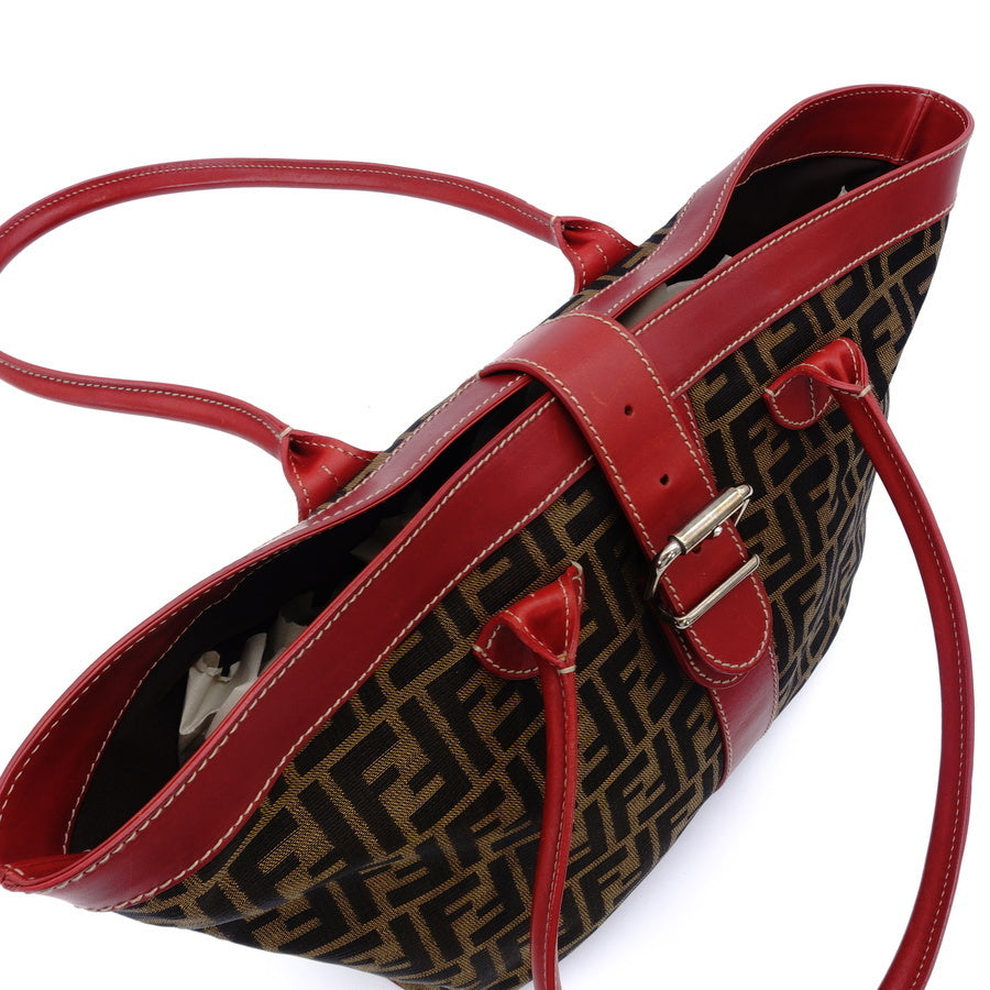 FENDI Zucca Tote Bag Canvas Leather Brown Red