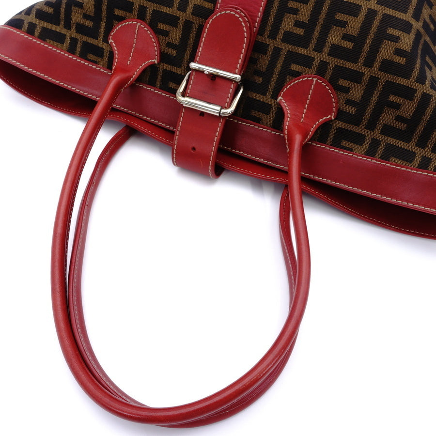 FENDI Zucca Tote Bag Canvas Leather Brown Red