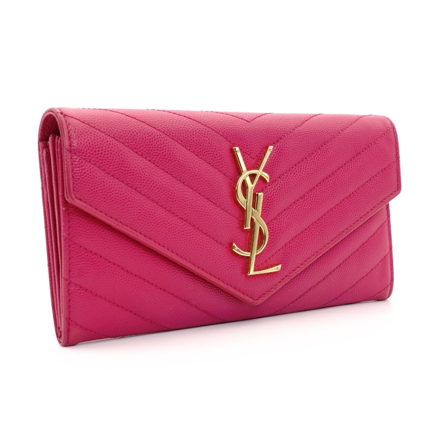 SAINT LAURENT long wallet V-stitched pink leather wallet