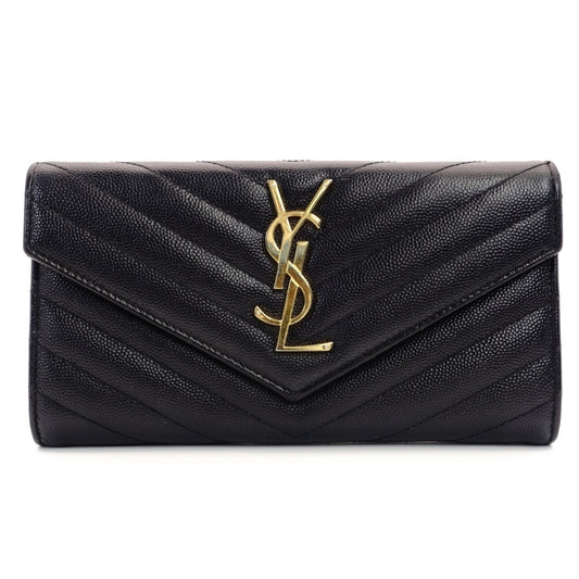 YVES SAINT LAURENT Long Wallet Black Leather V-stitching