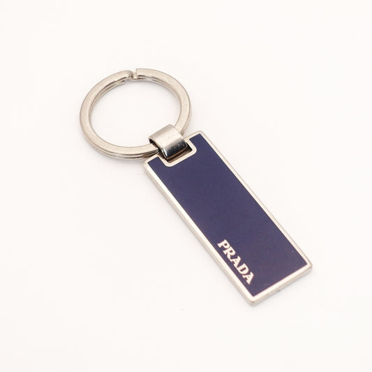 PRADA Key Ring Metal Plated Navy Silver Hardware Key Ring With Box