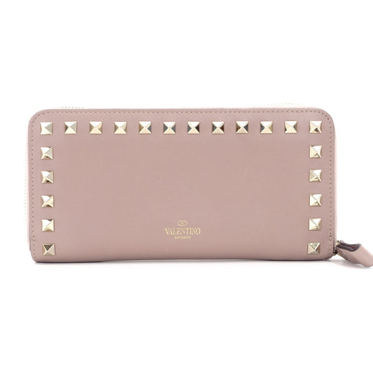 VALENTINO Garavani Leather Long Wallet Pink Leather Studs