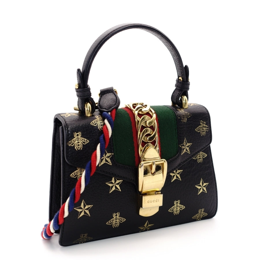 GUCCI Sylvie Handbag Leather Black Multicolor 2-Way Shoulder