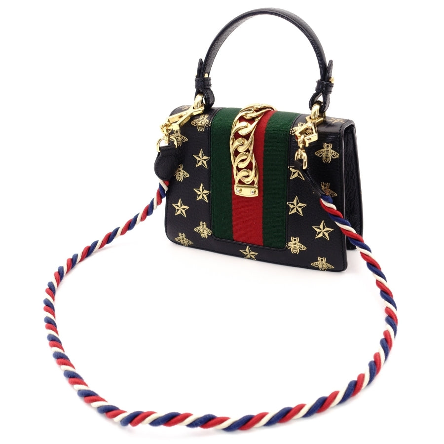GUCCI Sylvie Handbag Leather Black Multicolor 2-Way Shoulder